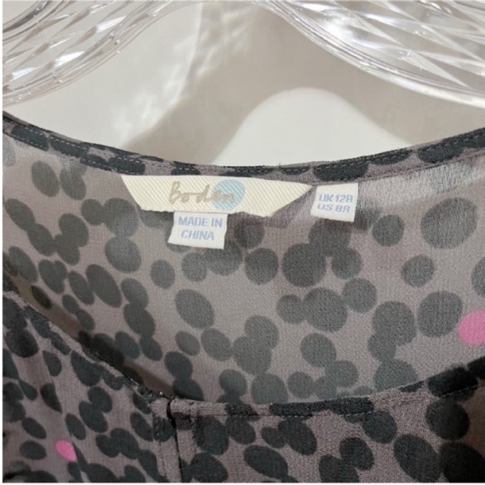 Boden abstract print dress gray black dots viscose pleated flowy puff sleeves - Picture 7 of 10